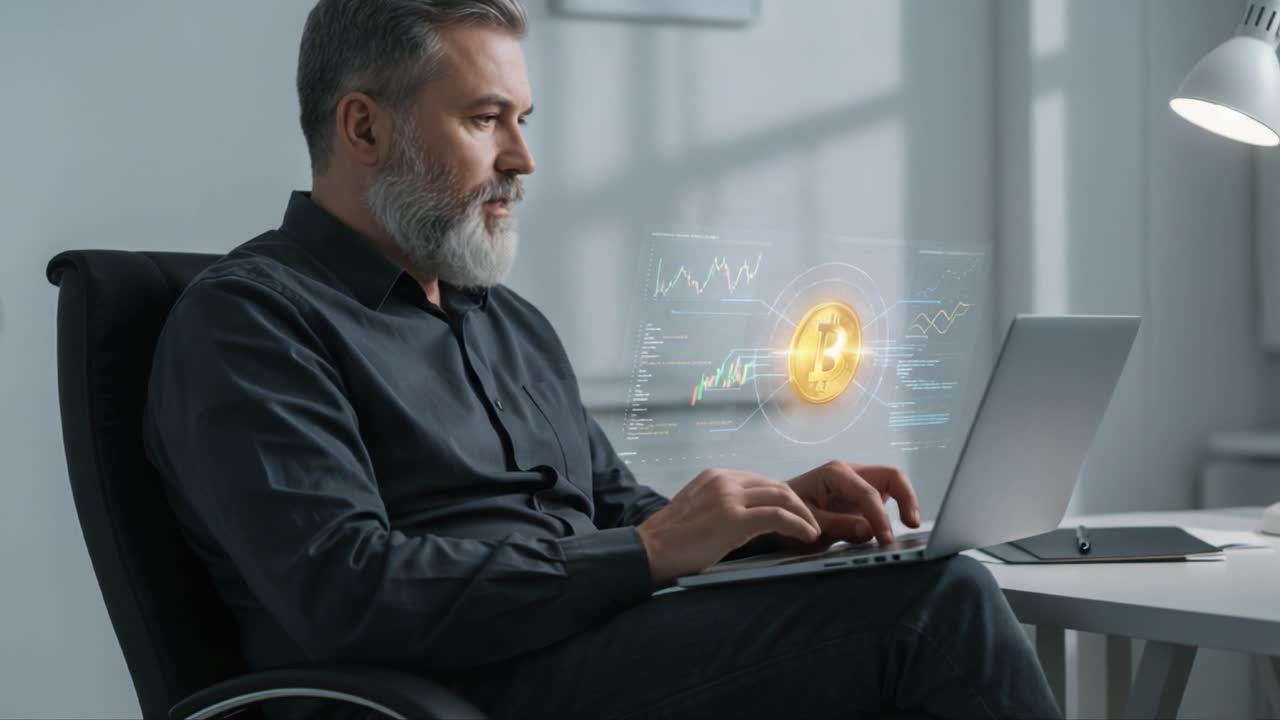 A Focused Individual Analyzing Cryptocurrency Trends and Data While Engaged in Digital Trading from a Modern Workspace