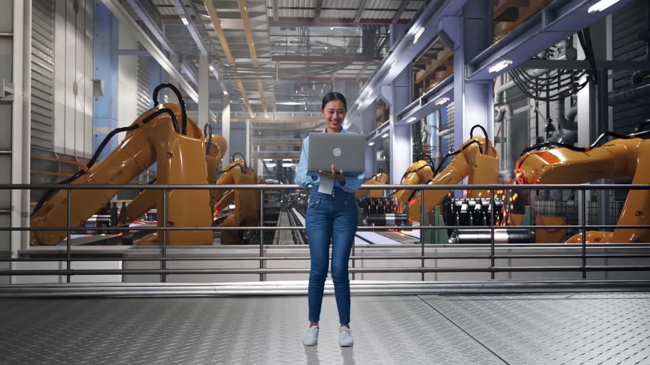 Full Body Of Asian Female With Her Laptop With Industrial Robotic Arms Working, Working Continuously