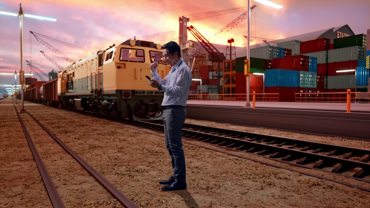 Full Body Side View Of An Asian Male Professional Worker Standing With His phone With Freight Cargo Train At Port, He Raises His Fist Up With Screaming Goal