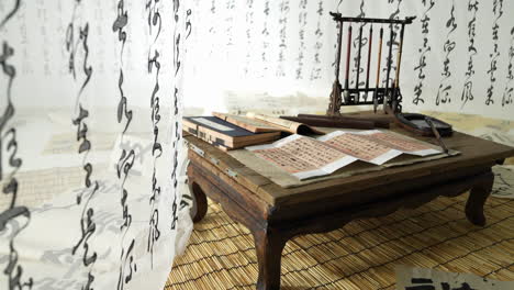 traditional chinese calligraphy with brush and ink, cultural art with oriental culture artifacts, preserved in the temple of confucius