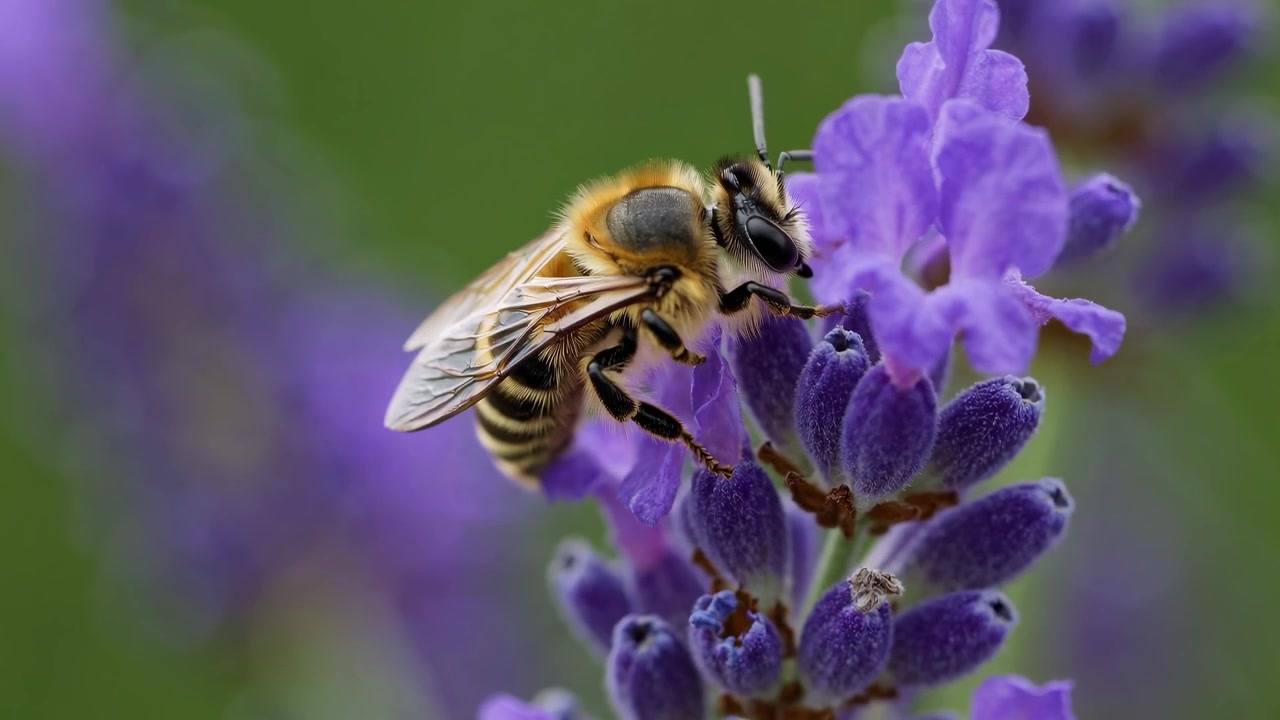 Honey Bee Pollinating a Purple Lavender Flower