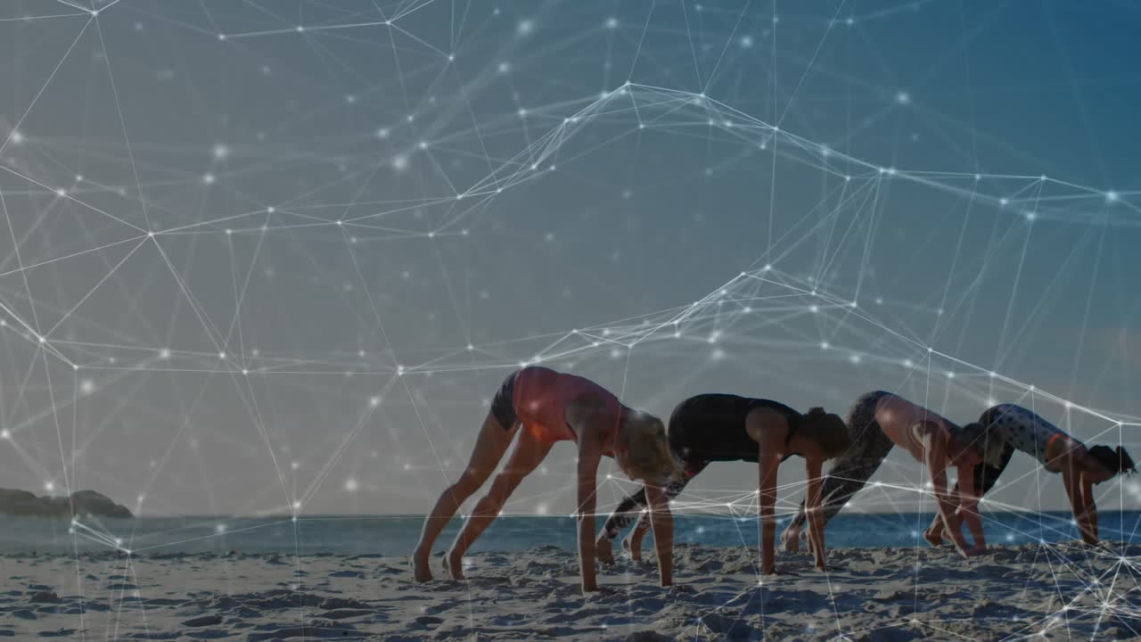 Yoga team stepping onto beach into downward dog pose enabling health tracking with overlay pulsing