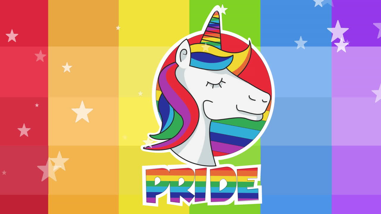 animación de orgullo texto lgbtq, unicornio y estrellas cayendo sobre el fondo del arco iris