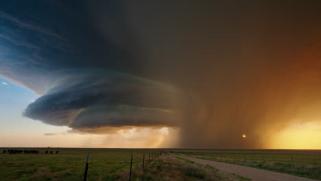 dramatic supercell thunderstorm at sunset over flat plains