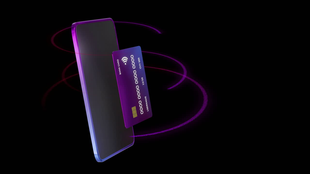 Animation of smartphone and credit card with data over black background