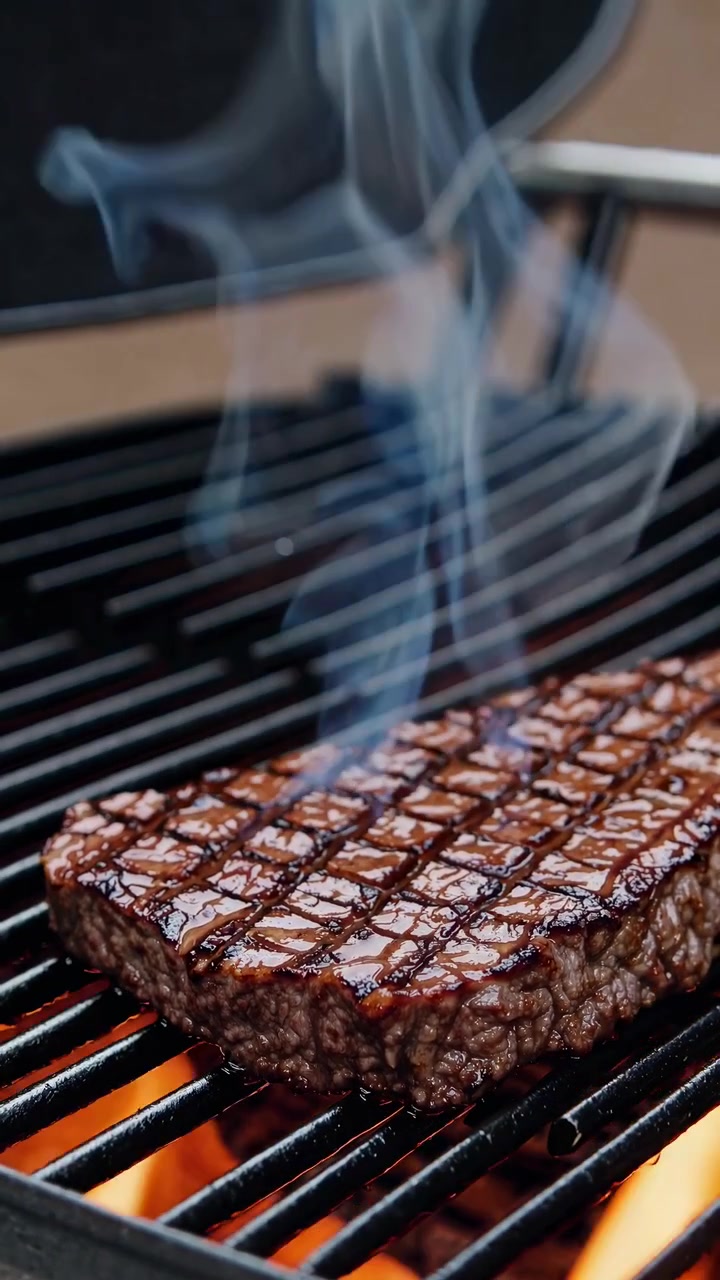 Deliziosa bistecca che griglia su un barbecue caldo con fumo e fiamme.