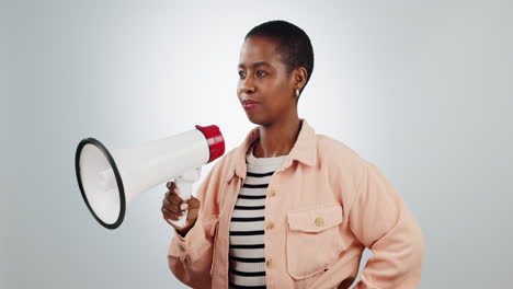 megaphone, speech and angry black woman with power