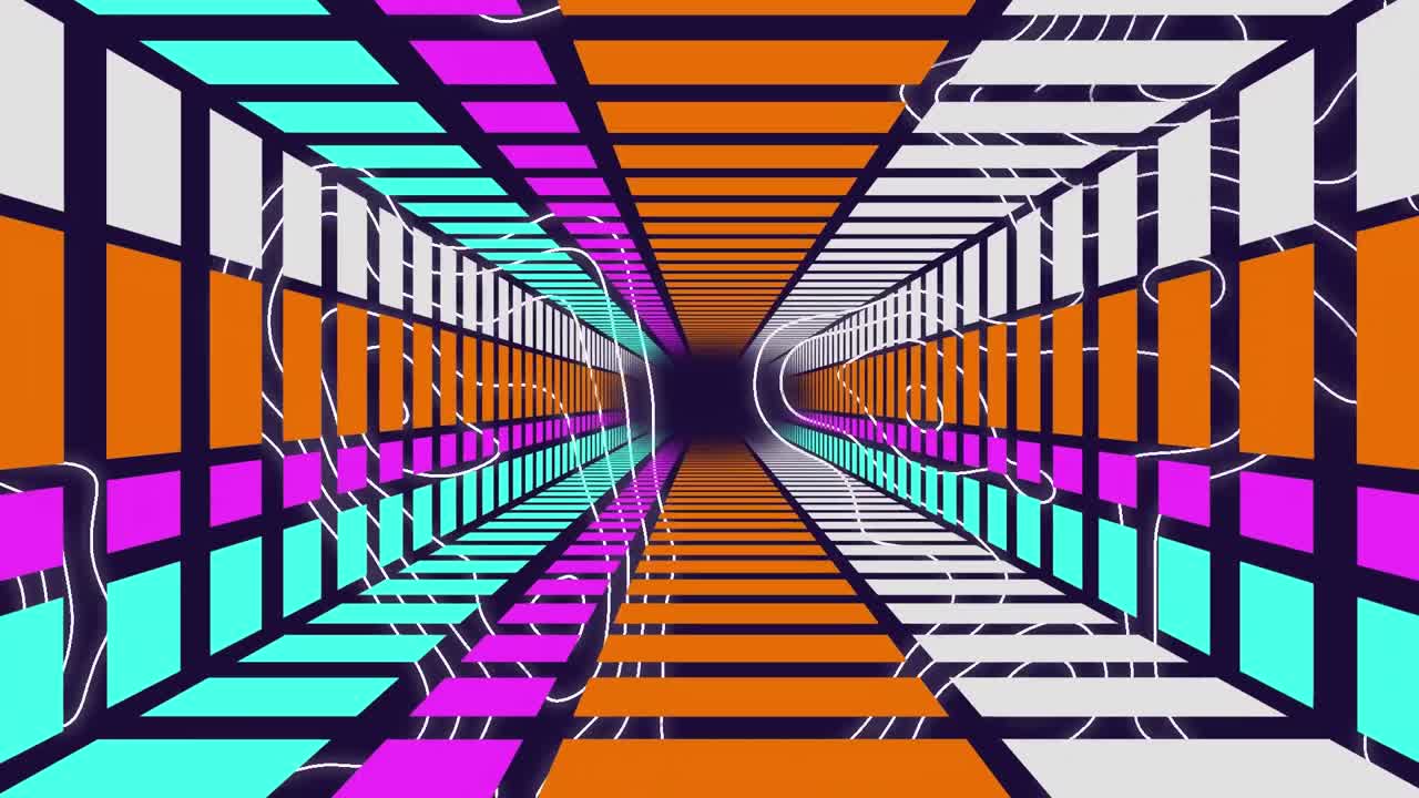 animación de un túnel en movimiento, geométrico y colorido sobre líneas blancas en movimiento
