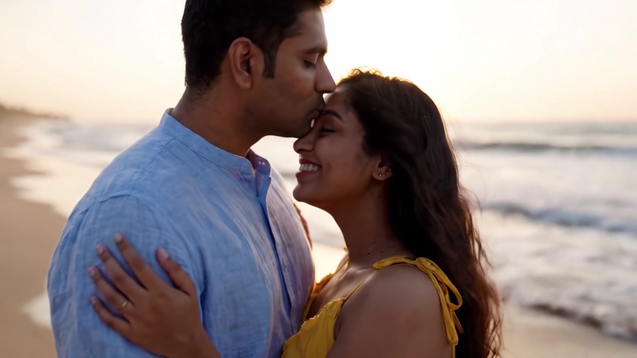 A Romantic Beach Embrace: A Couple Captured in Intimate Moments Against the Golden Sunset, Radiating Love and Connection by the Ocean Waves