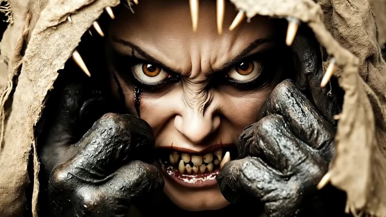 A close up of a person with fangs and fangs on their face