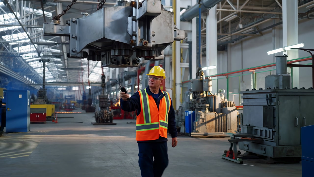 White Male Factory Supervisor Inspects Crane Inside Spacious Manufacturing Plant Wearing Yellow Helmet