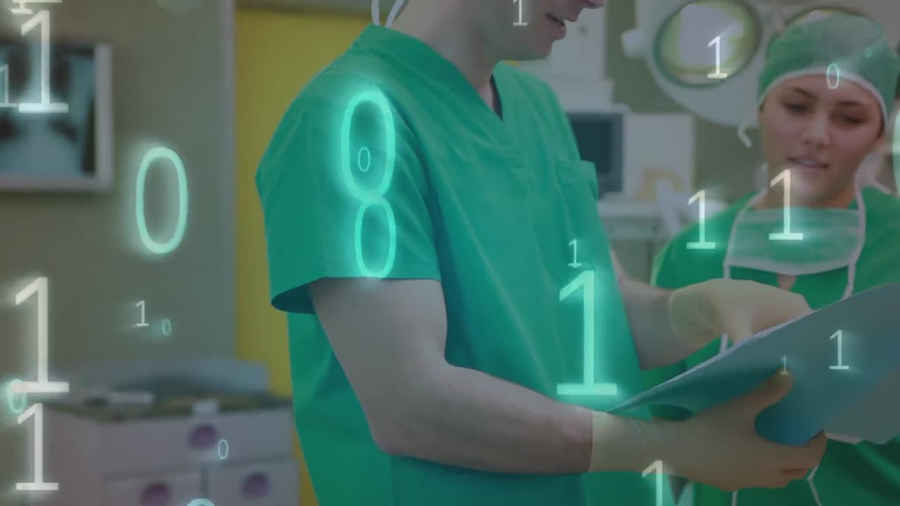 Animation of binary code over caucasian female and male doctors talking in operation theater