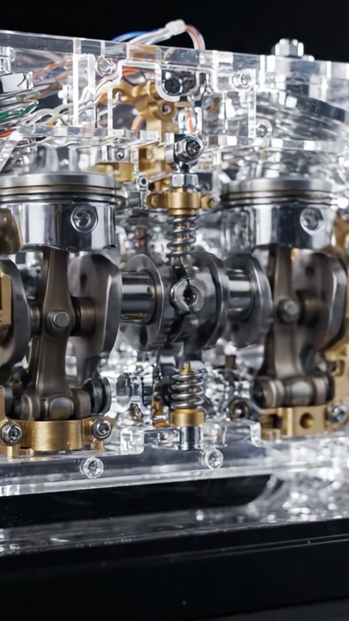 Intricate Mechanism of a Transparent Engine Model Showcasing Precision Engineering and Complex Motion in a Stunning Visual Assembly