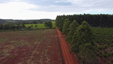 An-aerial-view-of-a-countryside-road-with-cultivation-fields-and-forest-and-red-soil,-Salto-Chavez-Oberá,-Misiones,-Argentina