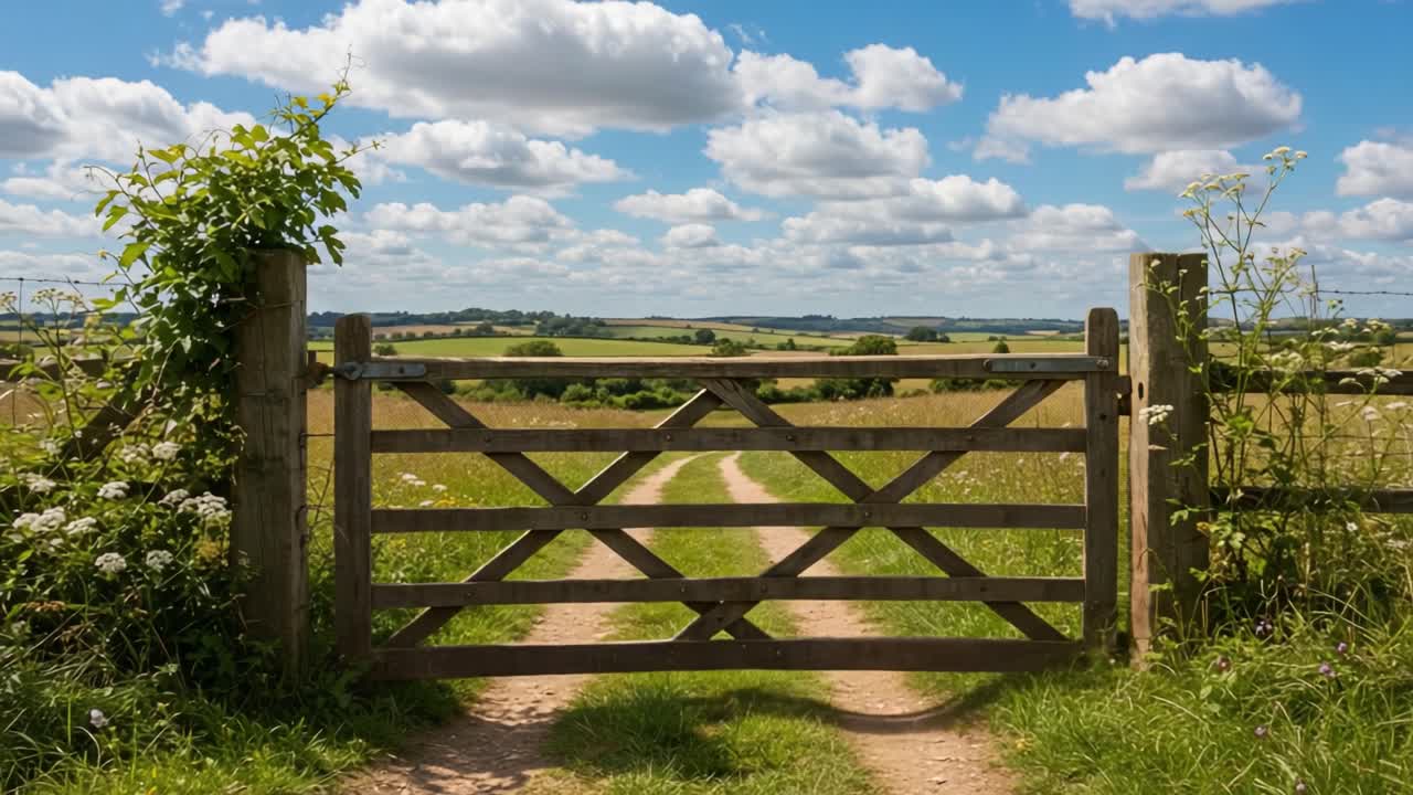 A Serene Open Gate Leading to a Lush Green Pathway Under a Bright Blue Sky Naturally Framed by Verdant Vegetation and Gentle Rolling Fields in the Distance
