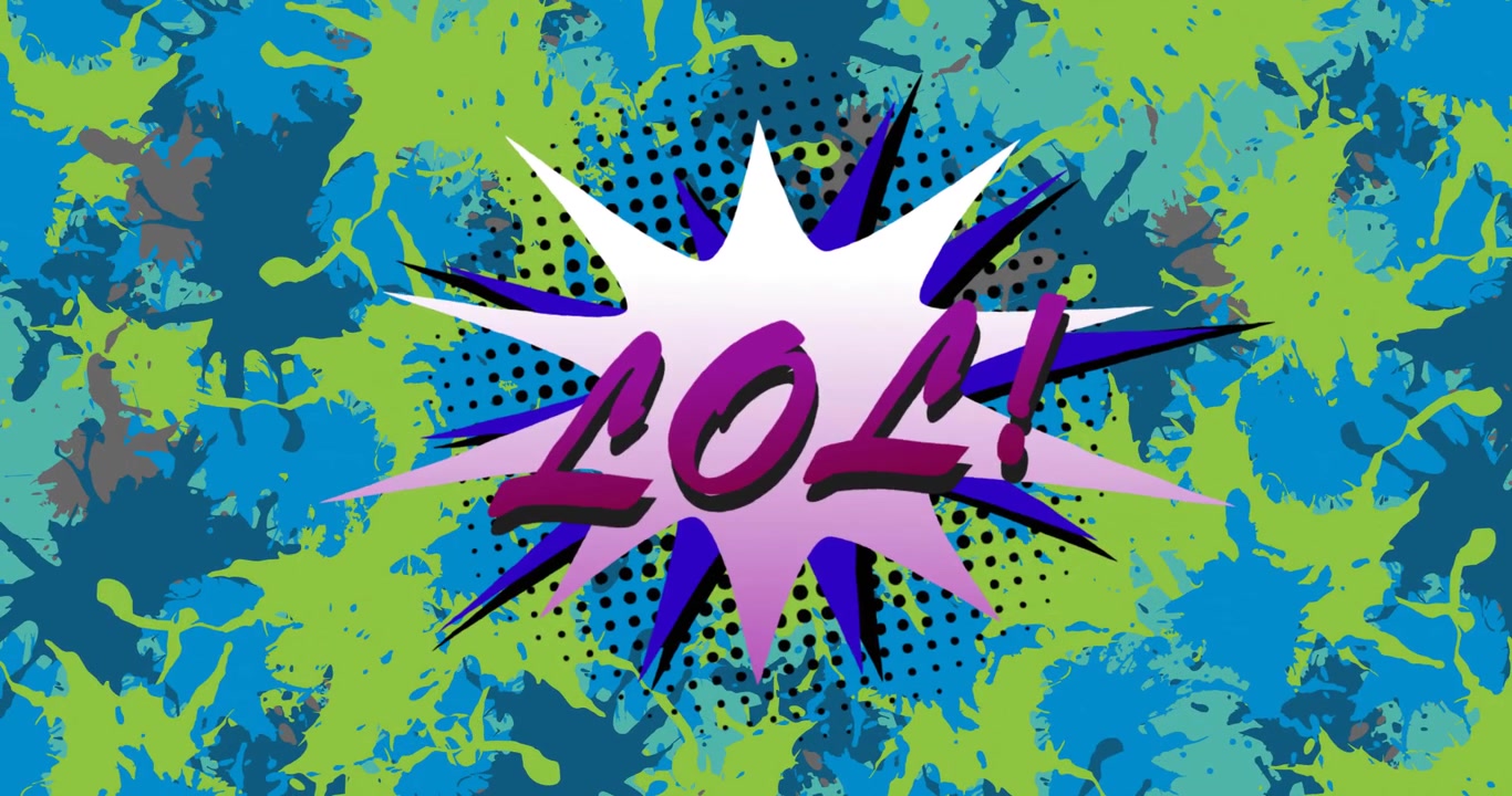 Animation des „lol“-Textes in Pink auf einer Explosion über grünen und blauen Farbspritzern.