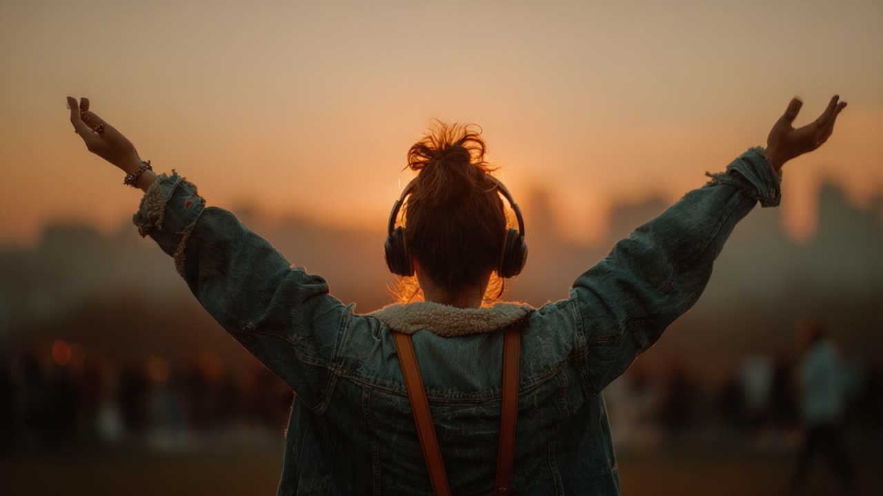 A Woman Embracing the Sunset: A Stunning View of Joy and Freedom with Outstretched Arms, Captured in a Serene Golden Hour Glow