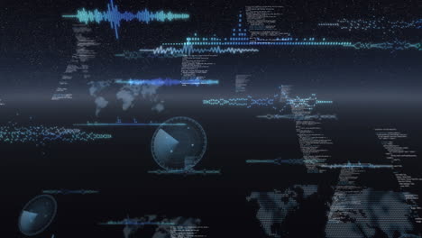 animation of data processing and scopes scanning on screen over glowing horizon