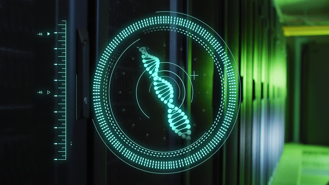 Animation of scope scanning with dna strand and data processing over server room
