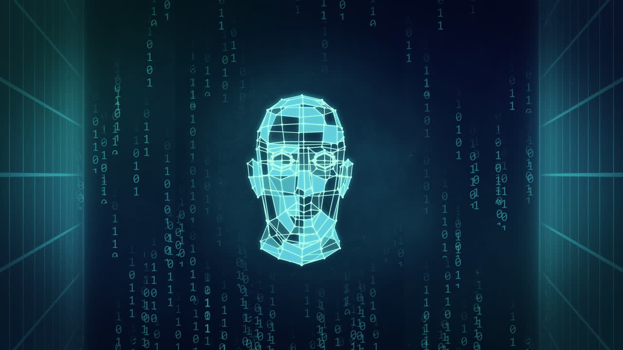 Wireframe human face with binary code animation over dark digital background