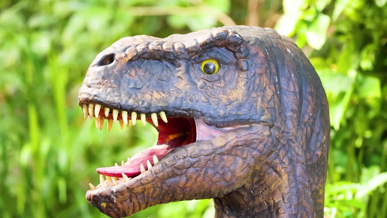 Animatronic dinosaur head moves in a vibrant, green park. Bright lighting highlights realistic textures and details