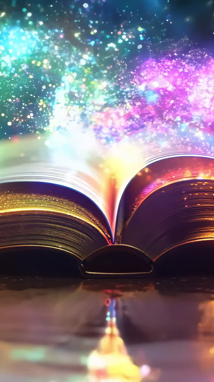 A book is open to a page with a colorful, glowing rainbow. The book appears to be a children's book, and the rainbow effect gives it a whimsical and magical feel. The book is placed on a table