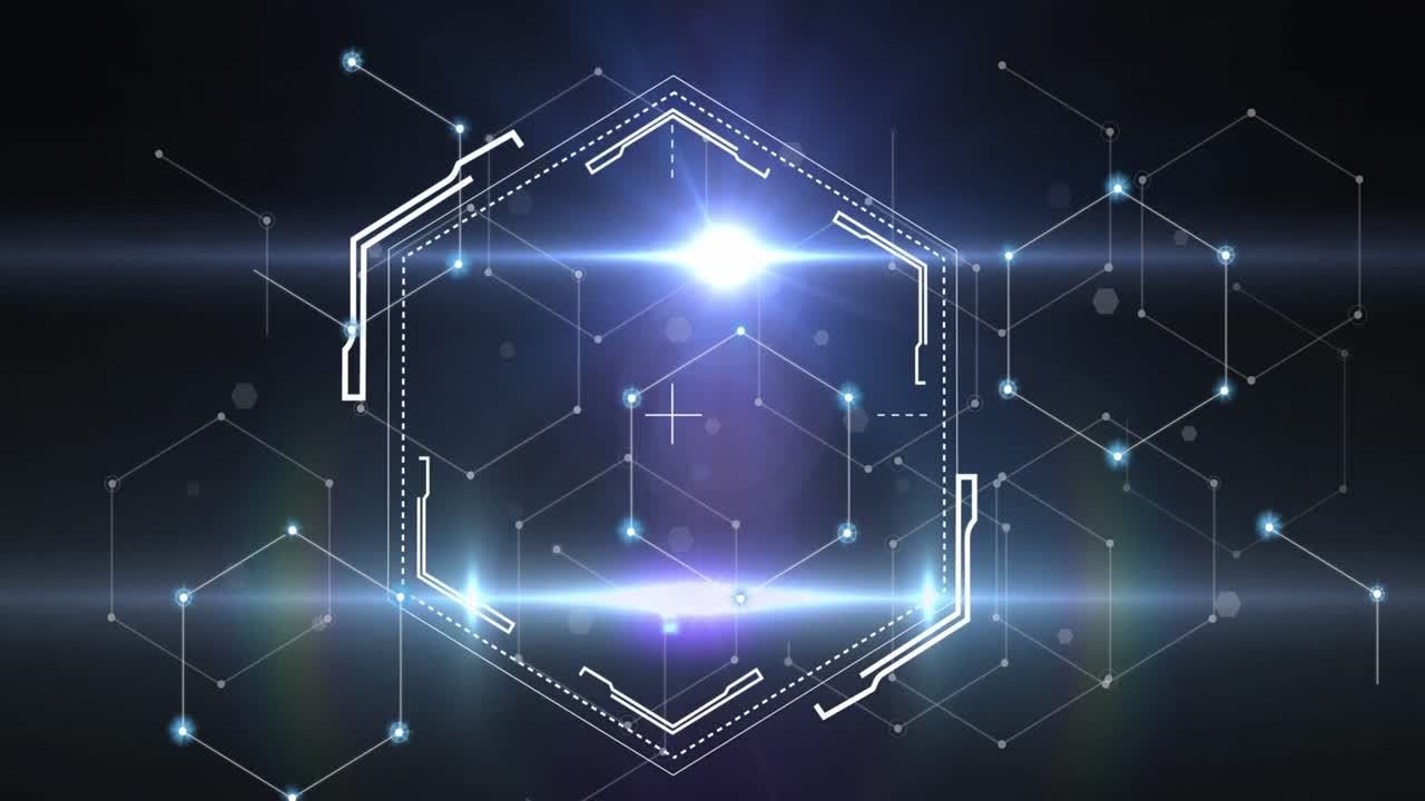 육각형과 불빛으로 연결된 네트워크의 애니메이션