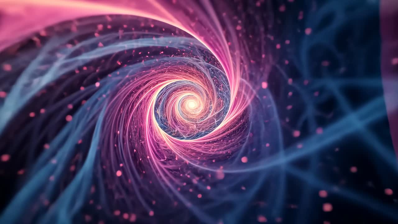 Starting fractal vortex rotating and expanding in dark void, pulsing spiral with pink and blue dots