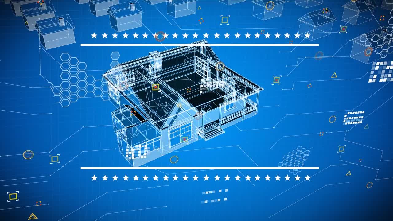 아이콘과 함께 파란색 디지털 공간에서 회전하는 집 모델의 애니메이션