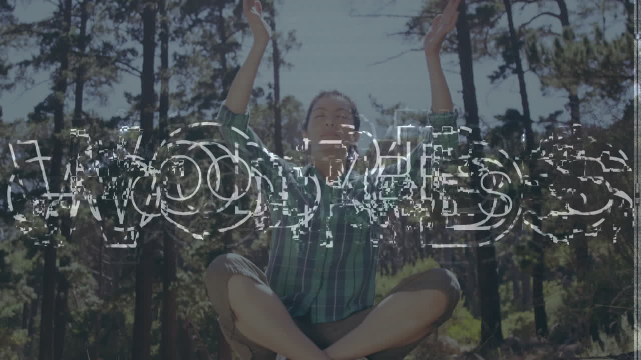 buenas vibraciones texto contra mujer caucásica meditando en el bosque