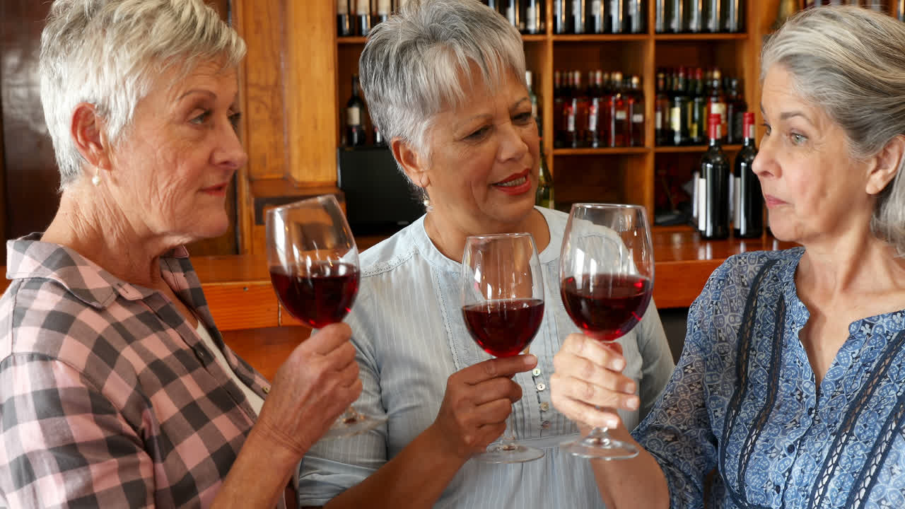 레드 와인을 마시는 고령 여성 친구들 4k