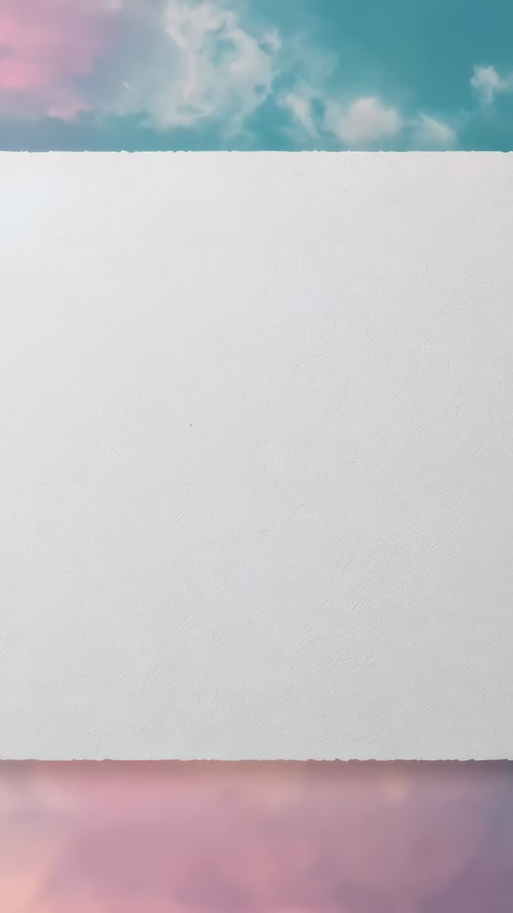 Vertical video: Shifting clouds revealing teal sky and pink band behind torn white sheet at studio