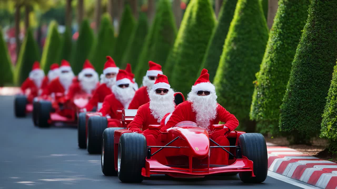 A Festive Parade Featuring Santa Claus Lookalikes Racing in Go-Karts Surrounded by Lush Greenery, Showcasing a Unique Blend of Holiday Spirit and Speed in a Vibrant Celebration of Fun and Joy