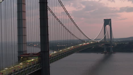 aerial view of the verrazzano-narrows bridge at night. shot in brooklyn looking towards staten island