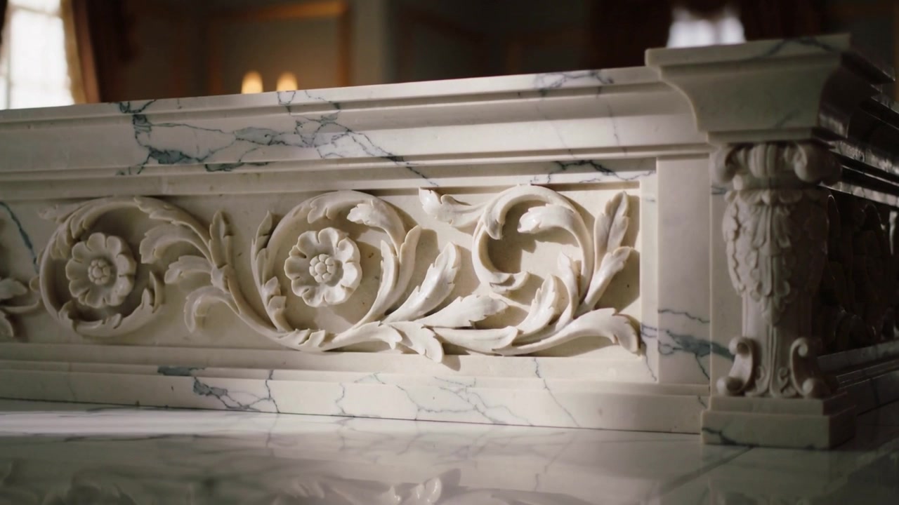 Panning camera revealing ornate carved marble base in formal room, light sweeping to reveal detail