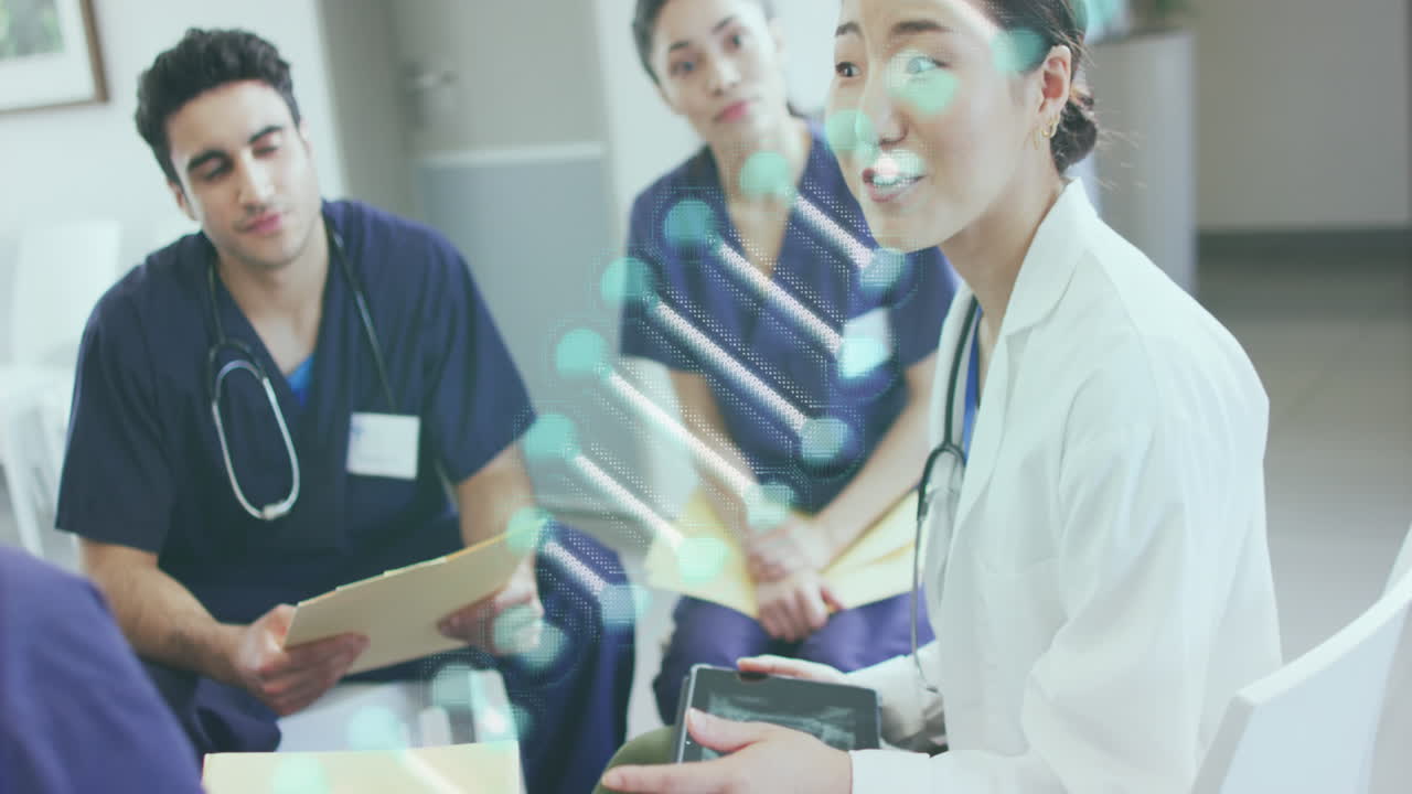 병원의 다양한 의사들에 대한 dna 스트랜드의 애니메이션