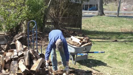 a man loading wood into a wheelbarrow