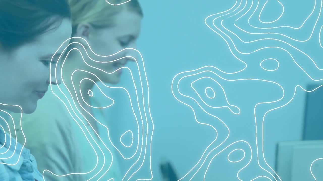 animación de formas que se mueven sobre un grupo de estudiantes utilizando computadoras