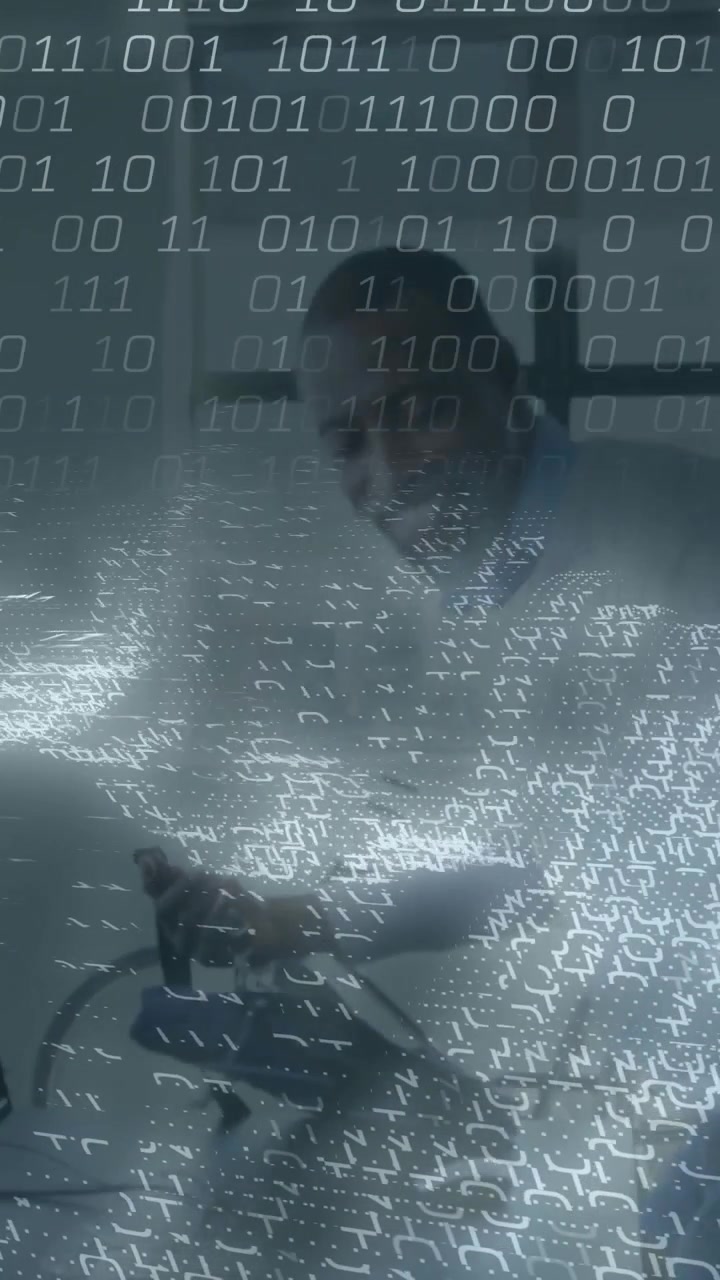 Man entering with bag locking bike strap while binary overlay covering desk and bike showing tech
