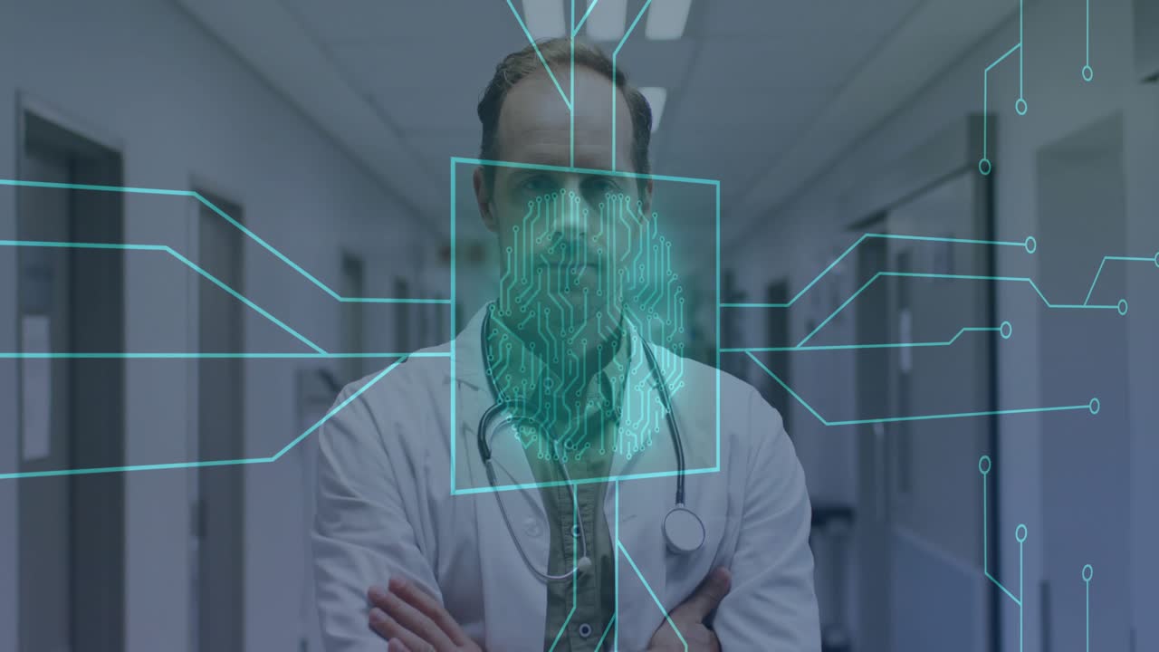 Dottore nel corridoio che riceve un quadrato ciano da un proiettore che proietta un volto con circuiti pulsanti in ritrazione.