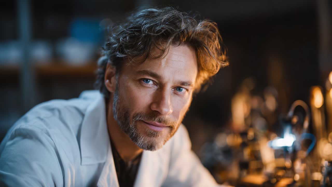 En fokuseret videnskabsmand i et laboratorium, der udviser intens koncentration og dedikation, mens han engagerer sig i omhyggelig forskning med avanceret udstyr