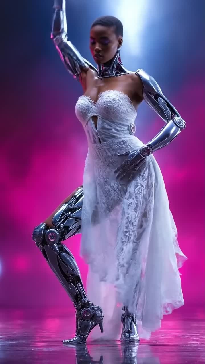 Elegante cyborg femminile che balla in una luce futuristica e colorata