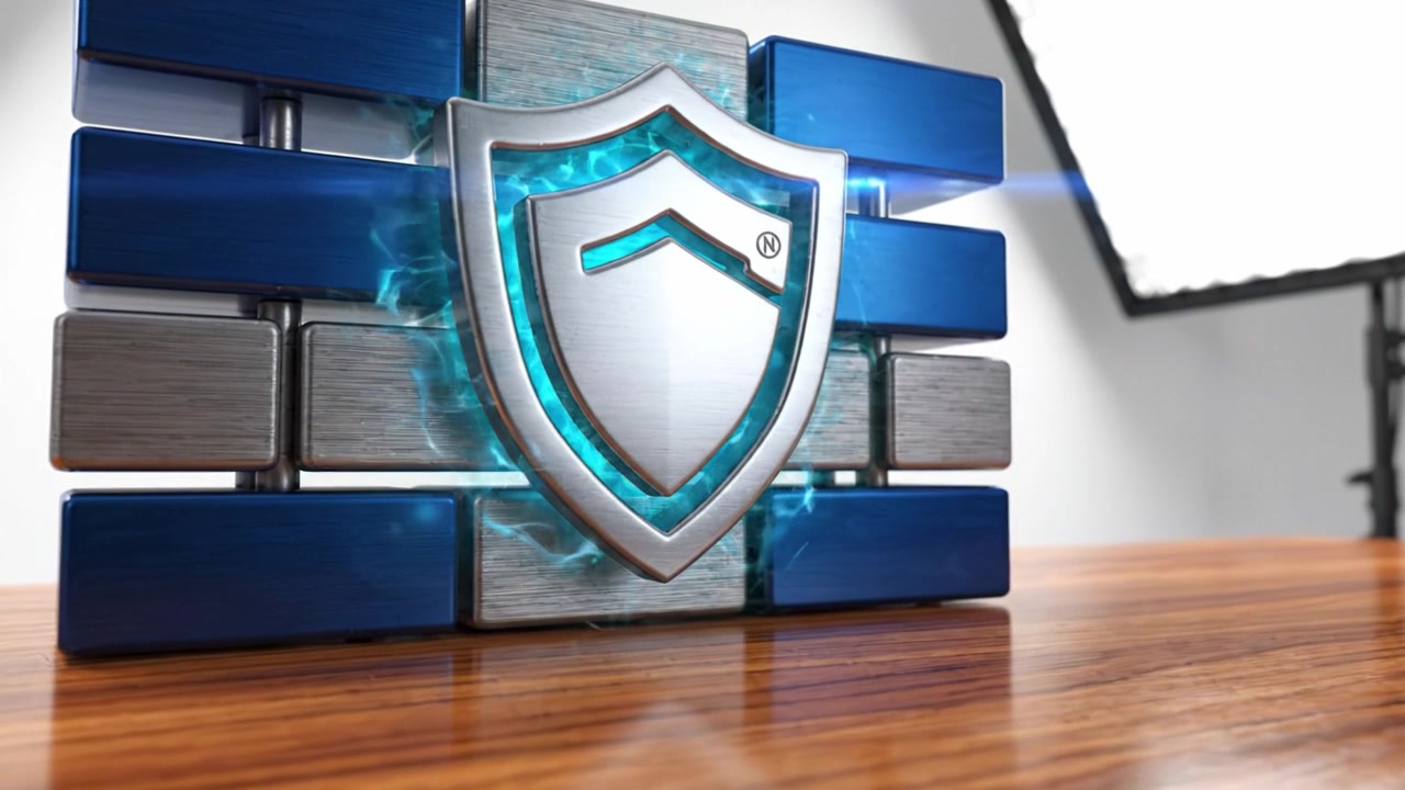 Un logo elegante e moderno con un design a scudo circondato da elementi blu e metallici, che rappresenta sicurezza e protezione, su uno sfondo raffinato.