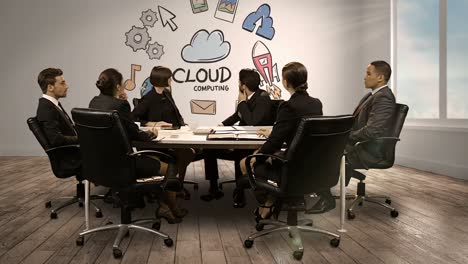 Business-people-looking-at-digital-screen-showing-cloud-computing