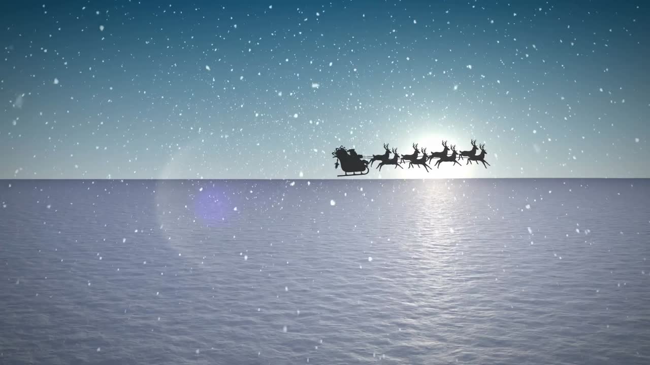 animación de santa claus en trineo con renos que pasan sobre un paisaje invernal nevado