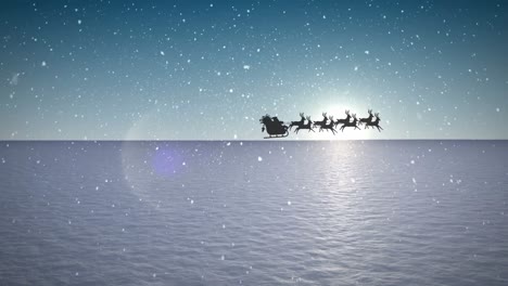 animation of santa claus in sleigh with reindeer passing over snowy winter scenery