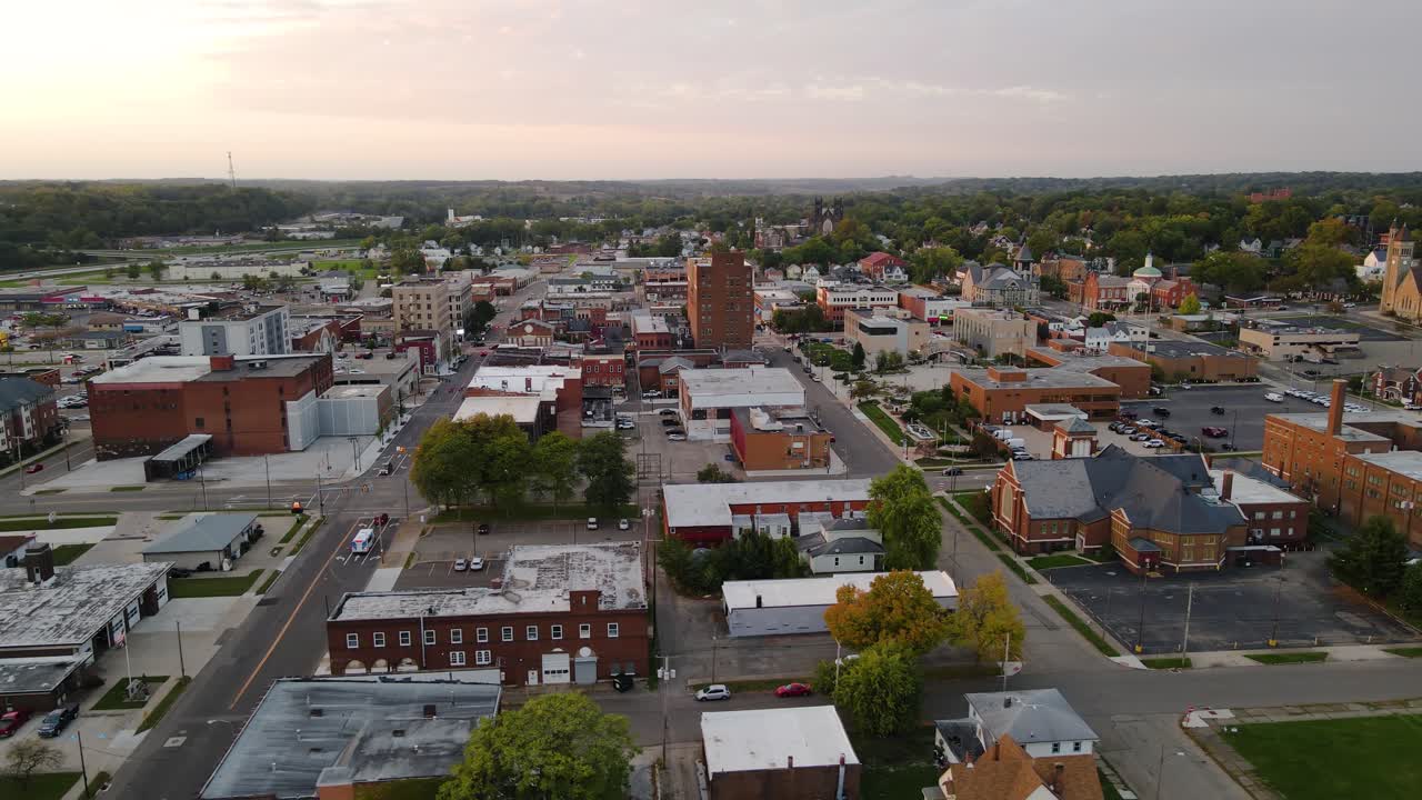 Aerial View of a Small Town at Sunset
