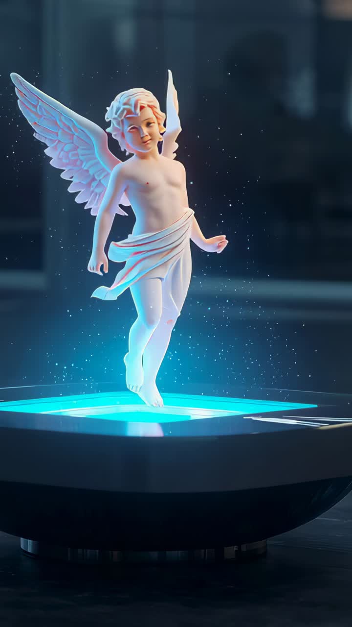Vertical video: Pulsing aqua panel casting cherub hologram rotating and bobbing above base in lab