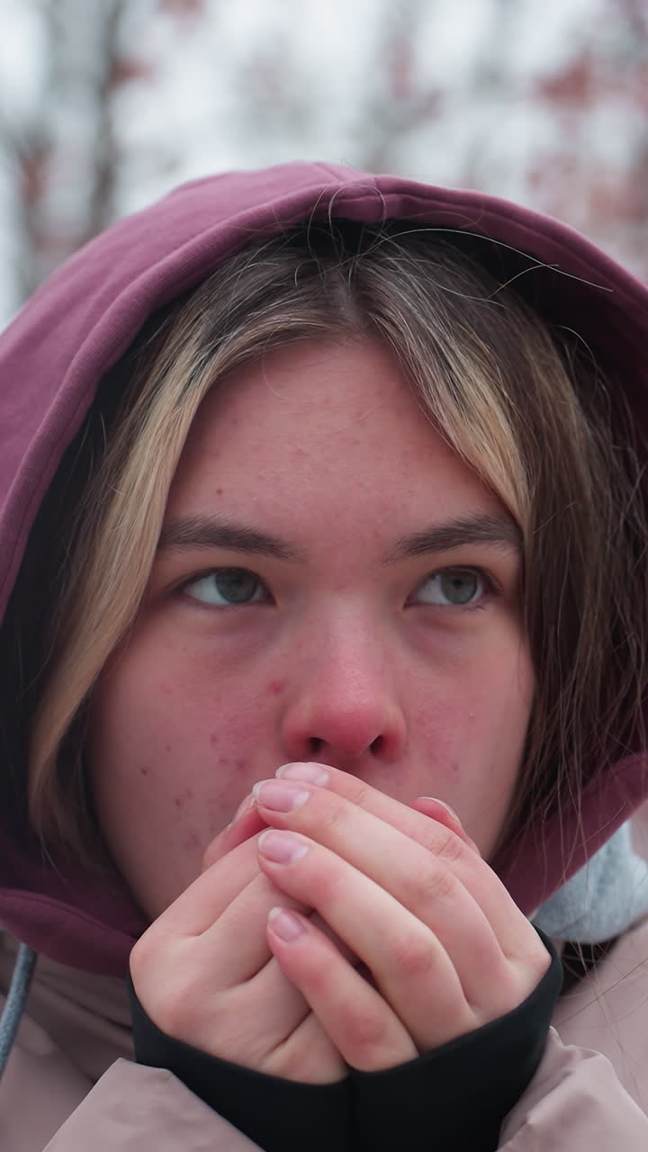 mujer con traje de invierno de pie en el frío, soplando aire caliente en las manos para el calor, chaqueta con capucha y ropa en capas resaltan el clima frío, fondo borroso de árboles con bayas rojas