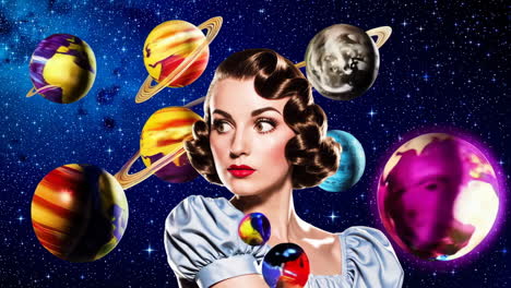 a retro-style portrait of a woman surrounded by colorful planets in a starry cosmos